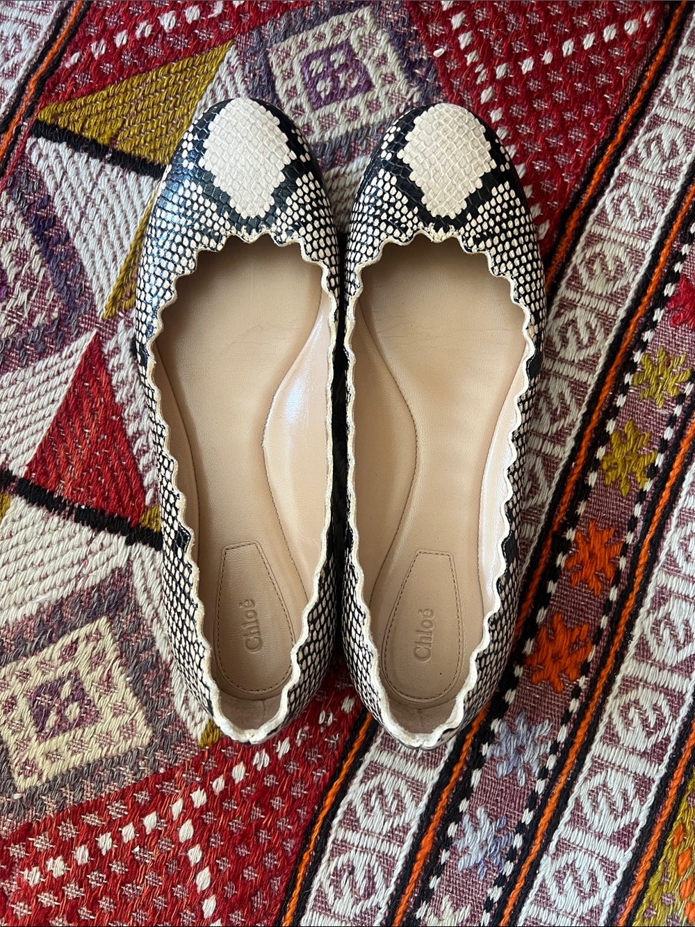 Chloe Snake-Print Scalloped Ballet Flats in snakeskin